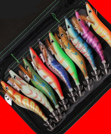 10PCS with Shrimp Bag 3D Printing 2.5 3.0 3.5 Hook Luminous Squid Jig Fishing Wood Shrimp Lure Squid Cuttlefish Jigs Lures 1