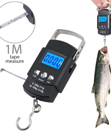 FLYSAND Electronic Scale Backlit LCD Display 110lb/50kg with Measuring Tape Balance Digital Fishing Hanging Hook Scale Tool